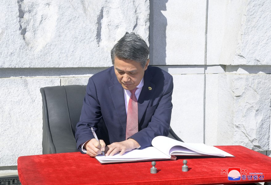 外国驻朝外交使团成员参观建党纪念塔