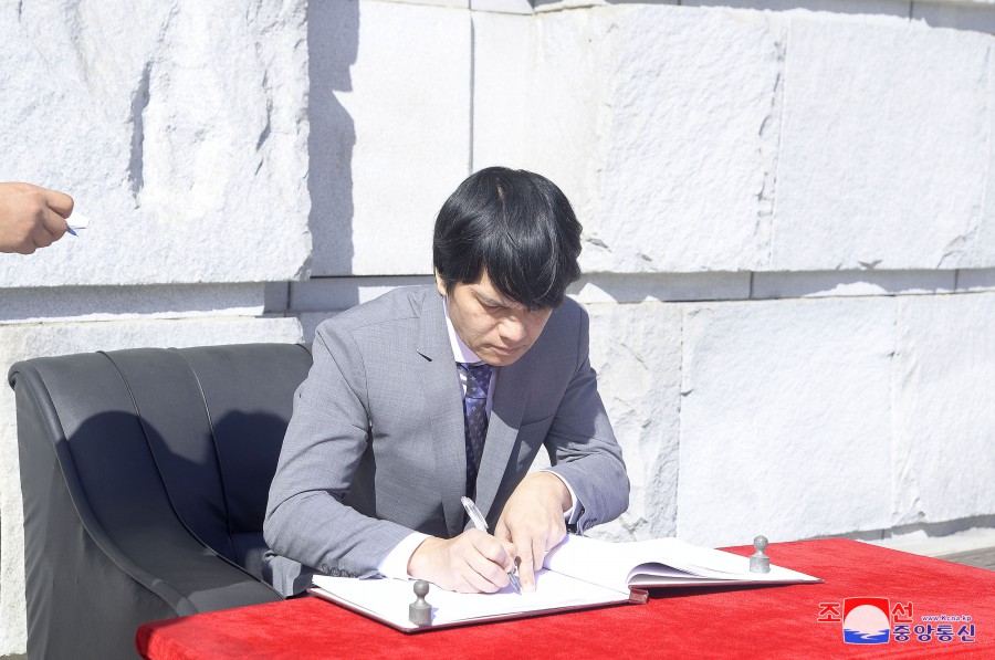 外国驻朝外交使团成员参观建党纪念塔