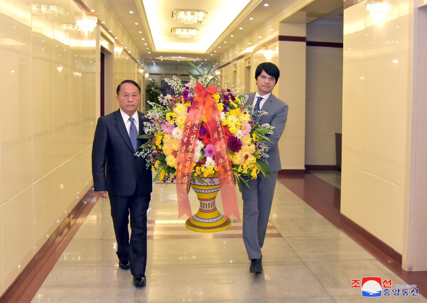 敬爱的金正恩同志收到外国驻朝外交使团名义的花篮与贺信