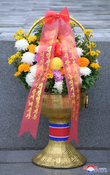 外国团体人士、海外友好人士家属和旅华同胞向伟大领袖金日成同志和伟大领导者金正日同志铜像送来花篮