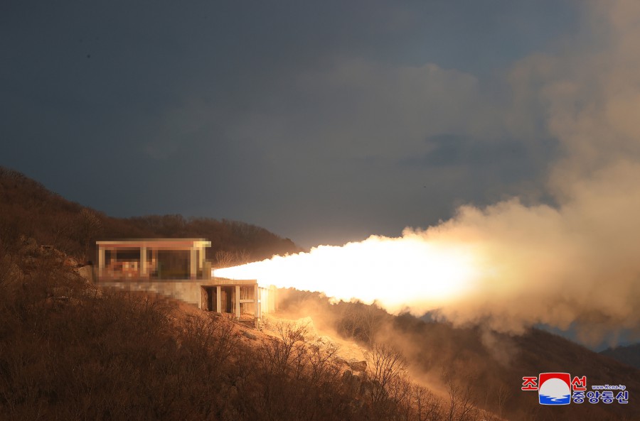 Respected Comrade Kim Jong Un Guides Test of Solid-fueled Engine for New-type Intermediate-range Hypersonic Missile