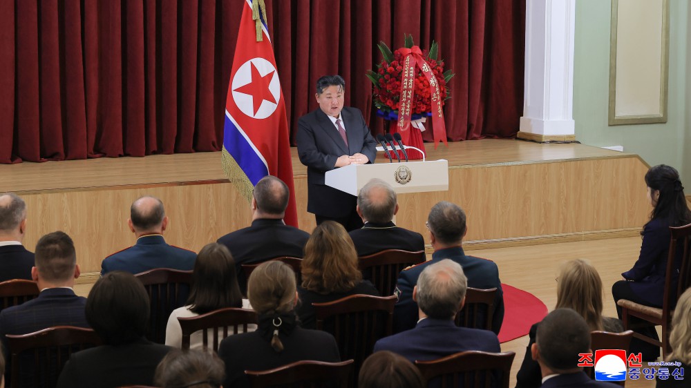 Respected Comrade Kim Jong Un Pays Congratulatory Visit to Russian Embassy in Pyongyang and Makes Speech